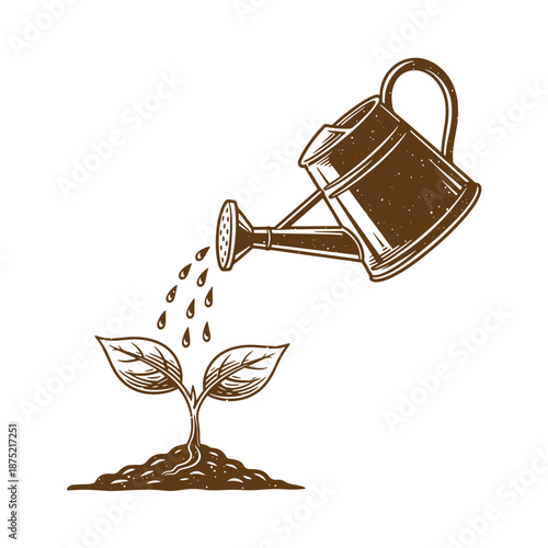 Drawing Vintage Brown illustration of a watering can pouring water on a small green plant growing in soil