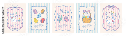 Set of coquette greeting cards for Happy Easter. Hand drawn whimsical line frames with bows and ribbons. Cute bunny, adorable flowers and leaves, basket, eggs. Vector template for poster, banner.