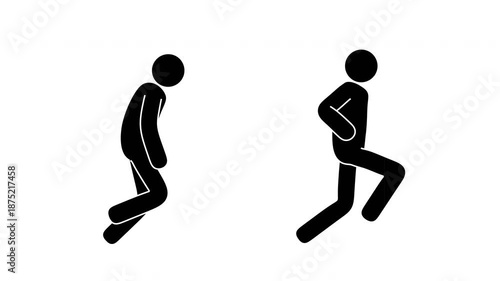 Stickman running in side view with two different running styles. Clean black silhouette pictogram man isolated on transparent background. Seamless loop animation