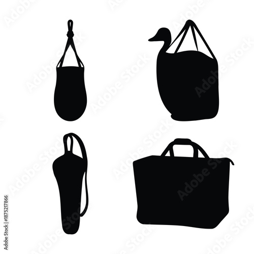 A diverse collection of black bag and sack silhouettes for various purposes and contexts
