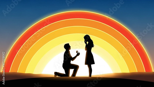 Man Proposing to Woman Silhouetted Against Vibrant Sunset Background