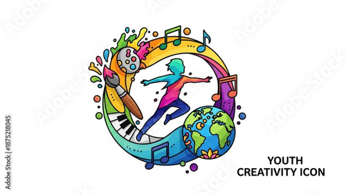 Youth Creativity Icon with Dancing Girl and Musical Notes Surrounding Globe