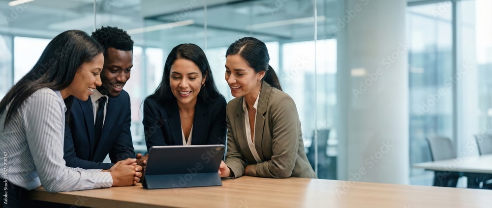 Obraz premium Diverse business team collaborating on tablet in modern office, smiling and engaged Concept of teamwork, success, and technology