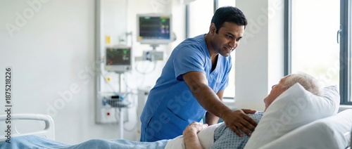 Indian male nurse caring for senior patient in hospital room Doctor comforting elderly man Healthcare, medical, and compassion