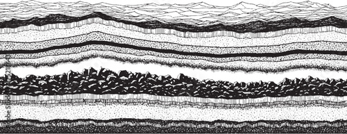 Abstract geological strata layers with varied textures and patterns.