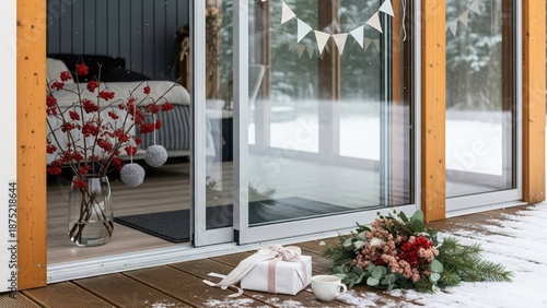 Gift box with flowers and a cup on a snowy porch for cozy winter decorations