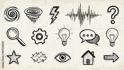 Hand drawn vector icon set featuring black art illustrations of an eco home house tree sun and christmas symbols for web sign design