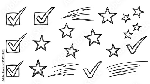 A versatile set of black and white star and arrow vector icons featuring diverse shapes and symbols for web design, rating elements, and decorative Christmas art illustrations