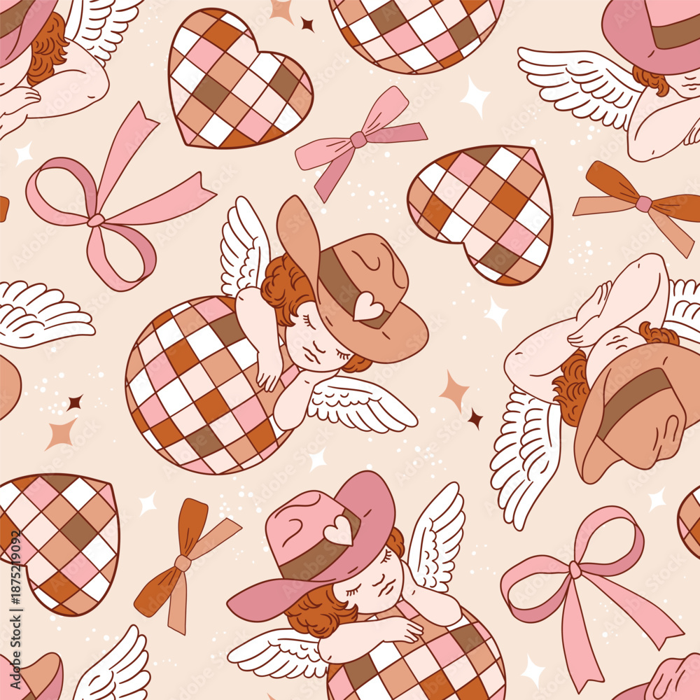 Fototapeta premium Seamless vector pattern with Valentine angel character. Cute cupid in cowboy hat with disco ball. 