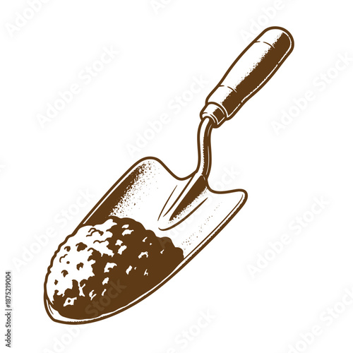 Drawing Vintage Brown shovel with soil isolated on white background for gardening or construction work
