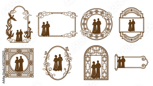 Ornamental Wedding Frame Set with Traditional Couple Silhouettes Isolated on White