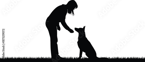 Silhouette of a young woman training her German Shepherd dog on grass at sunset, pet care, friendship, and animal obedience.