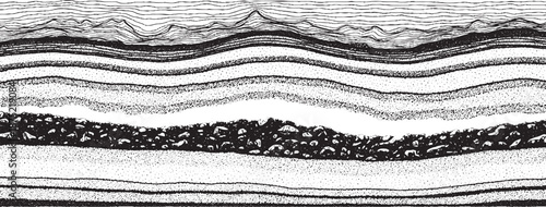 Geological Layers and Strata in Black and White Engraving Style.