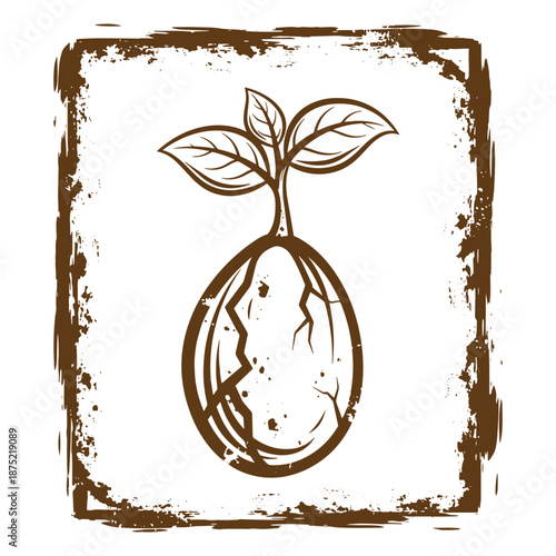 Drawing Vintage Brown sprouting seedling illustration with cracked seed and leaves growing out  symbolizing new life and growth
