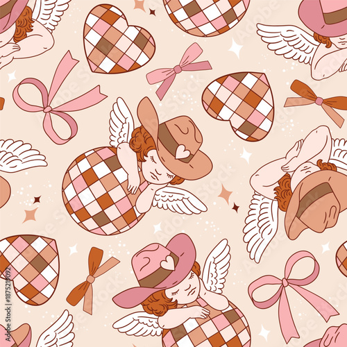 Seamless vector pattern with Valentine angel character. Cute cupid in cowboy hat with disco ball.	