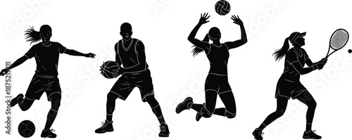 Female athlete silhouettes set, soccer basketball volleyball tennis players, black vector sports illustration, active women fitness poses, isolated on white