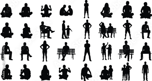 Black silhouettes of diverse people sitting on floor and park benches, standing in various poses, family and children isolated icons.