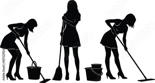 Female cleaner silhouettes set, women mopping floor, housekeeping service, black vector illustration, domestic cleaning workers, isolated on white