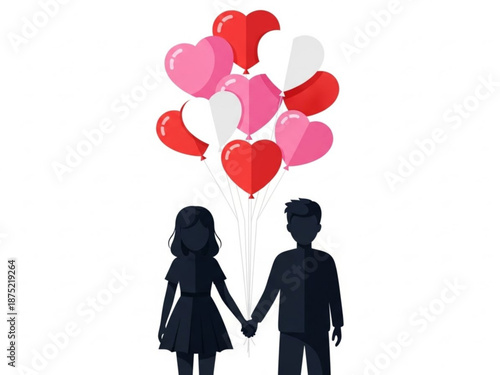 Silhouette of couple holding hands with heart balloons for valentine's day  