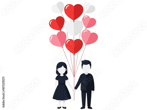 Couple holding hands with heart-shaped balloons for Valentine's Day  