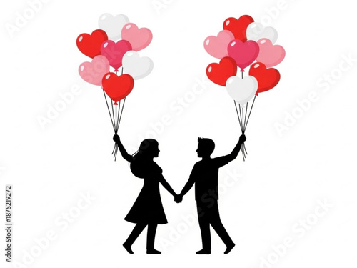 Silhouette couple holding hands and balloons for valentine's day  