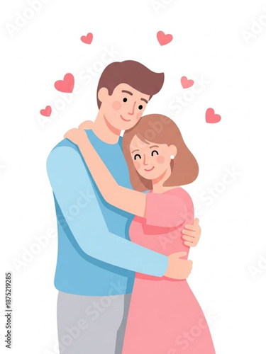 Young couple hugging and smiling with hearts around them for valentine's day  