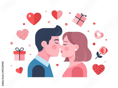 Couple kissing surrounded by hearts and gifts for valentine's day  