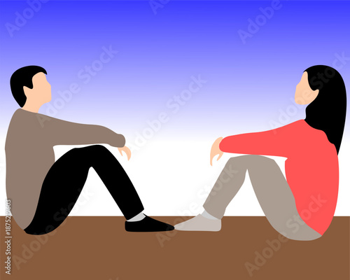 Flat illustration of two people sitting face to face, symbolizing open communication, emotional conversation, and mutual understanding. Suitable for mental health topics, relationships, counseling, an