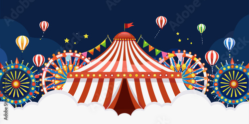 a colorful illustration of a circus tent with rides and hot air balloons