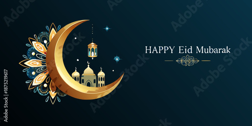Eid Mubarak celebration with crescent moon and mosque