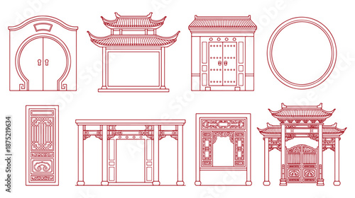 Traditional Chinese Architecture Line Art Set Isolated on Transparent Background PNG, Oriental Gates, Doors and Frames
