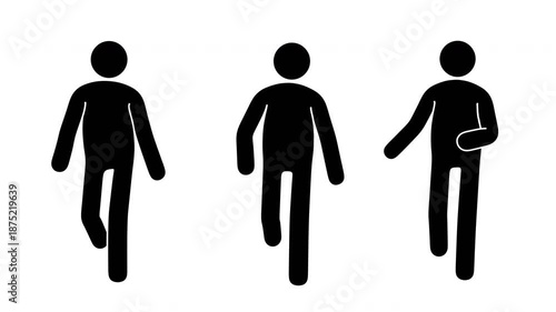 Stickman walking directly toward the camera in front view with three different walking styles. Clean black silhouette pictogram man isolated on transparent background. Seamless loop animation.