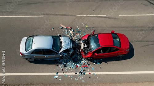 Two crashed cars on asphalt road with debris scattered around  accident scene overhead view