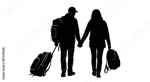 Silhouette of a Couple with Backpacks and Suitcase Traveling Together for Vacation Concept