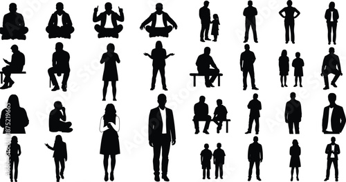 Black silhouettes of diverse people standing, sitting, walking, meditating, and family groups, isolated vector icons for graphic design and web layout.