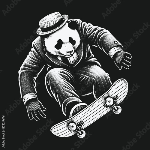 Panda Skateboarder in Suit: A Fusion of Wildlife and Urban Style.