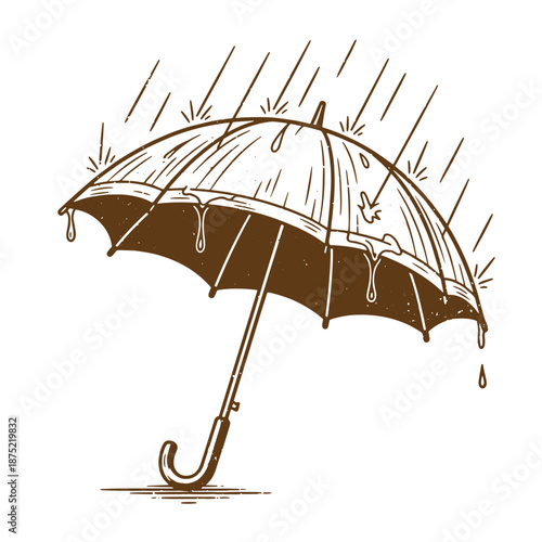 Drawing Vintage Brown umbrella with raindrops on it standing alone in the rain  a classic symbol of protection from the elements