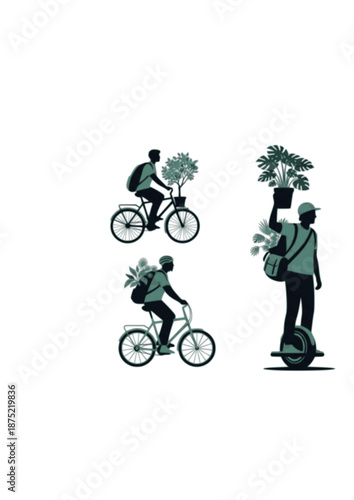Urban Rewilding Commuter Silhouette, Person on Electric Monowheel Carrying Plants, Sustainable City Transport and Eco Friendly Lifestyle Vector