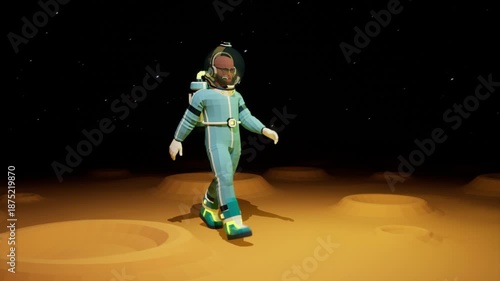 Cartoon Astronaut walking on cratered alien planet surface. Seamless loop 3d animation.