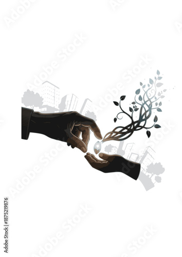 Intergenerational Connection Silhouette, Senior and Child Hands Holding Glowing Seed, Future Ecology and Heritage Sustainability Concept Vector