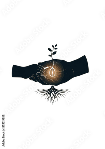 Intergenerational Connection Silhouette, Senior and Child Hands Holding Glowing Seed, Future Ecology and Heritage Sustainability Concept Vector