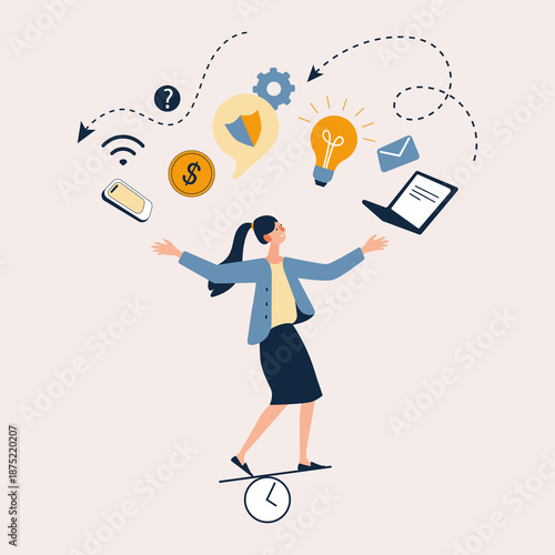Woman balancing on clock while managing tasks, ideas, finance and communication icons. Flat illustration of work-life balance, productivity, multitasking, time management, planning and personal