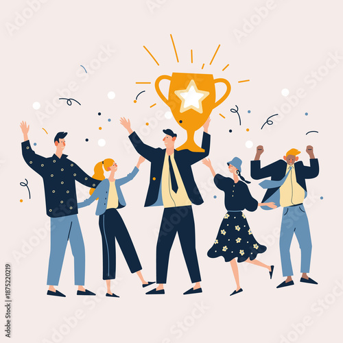 Team of people using megaphone, telescope and magnifying glass for searching ideas, analysis and communication. Flat illustration of teamwork, strategy, research, marketing, vision and business