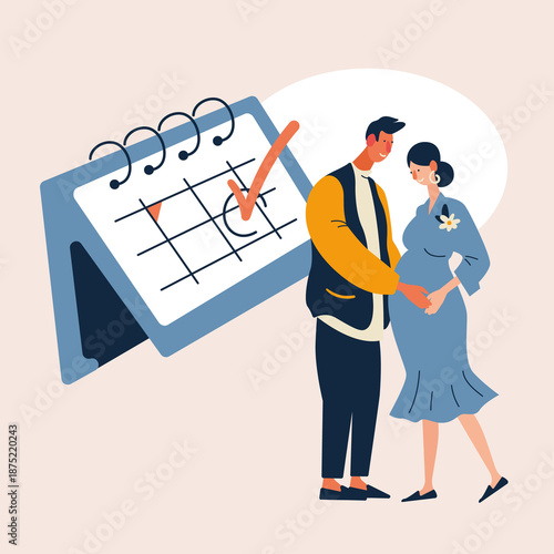 Happy couple expecting baby standing near calendar with marked date. Flat illustration of pregnancy announcement, family planning, parenthood, love, support and future baby concept.