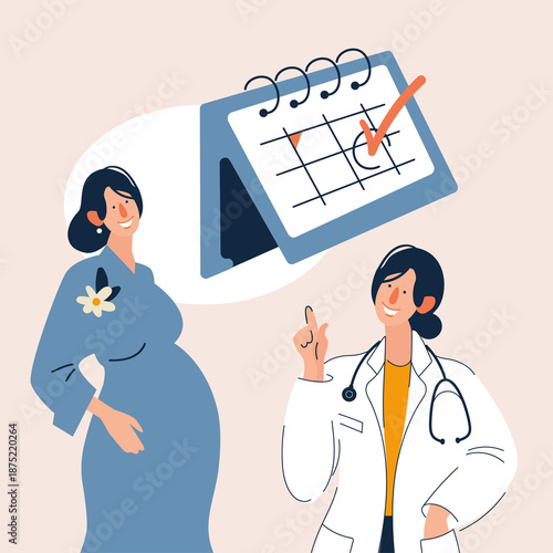 Pregnant woman consulting with female doctor and planning appointment date on calendar. Flat illustration of pregnancy care, prenatal checkup, medical consultation, maternity healthcare and fam