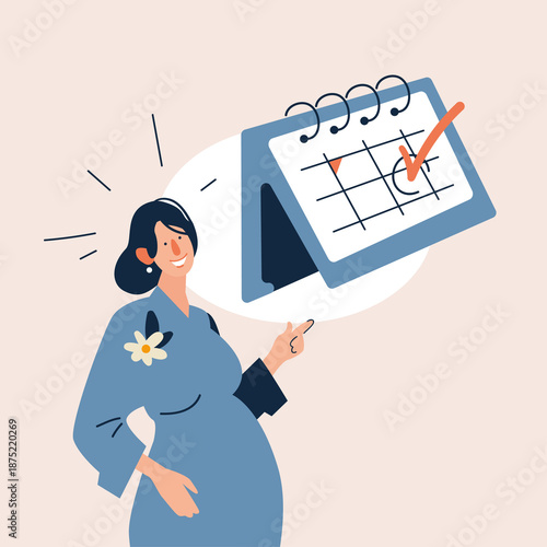 Smiling pregnant woman pointing at calendar with marked date. Flat illustration of pregnancy planning, due date reminder, maternity schedule, healthcare, time management and expecting baby 
