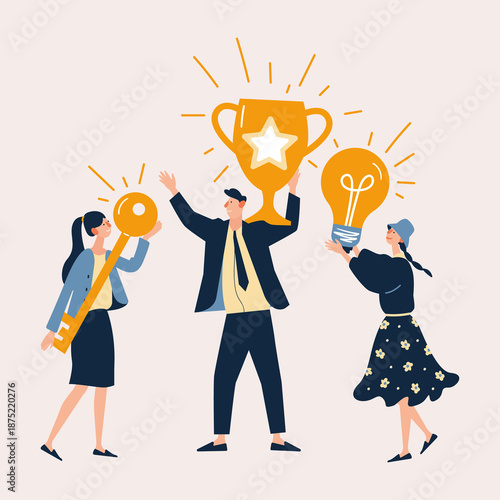 Happy business team celebrating success and victory with golden trophy. Flat illustration of achievement, teamwork, leadership, motivation, award, winning, corporate success and goal accomplish