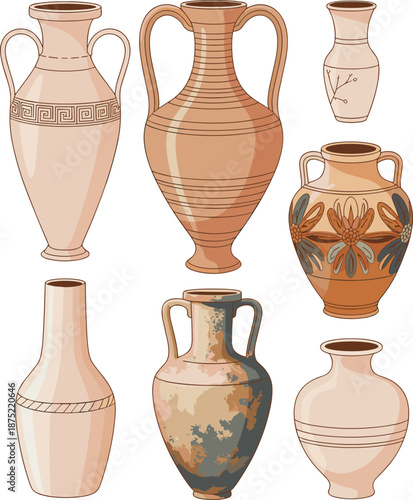 Ancient ceramic vases illustration collection, Greek and Roman pottery styles, vintage amphora jars, decorative historical art isolated background