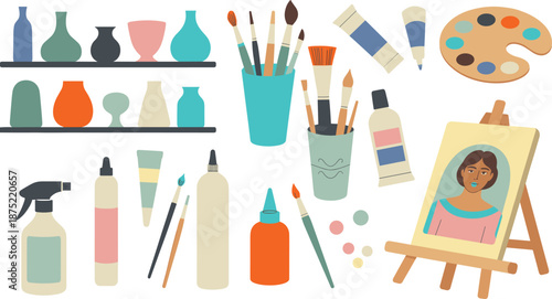 Art studio illustration with painting tools, brushes, color palette, easel portrait, creative supplies, modern flat design, artist workspace elements