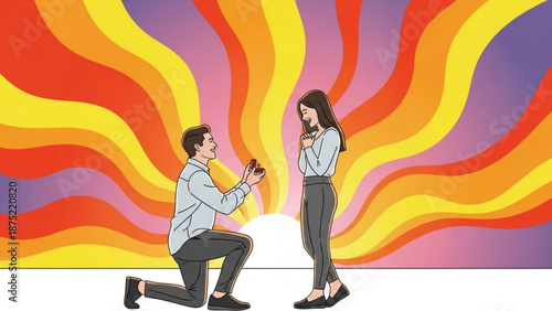 Man Proposing to Woman on One Knee in Front of Vibrant Sunset Background